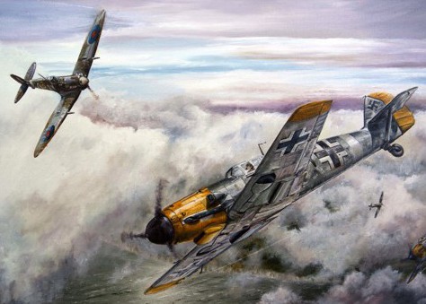 British Spitfire and German Messerschmitt Me 109 locked in a dogfight
