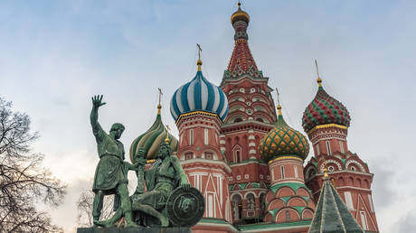 St. Basil's Cathedral and Monument to Minin and Pozharsky in Moscow, Russia.